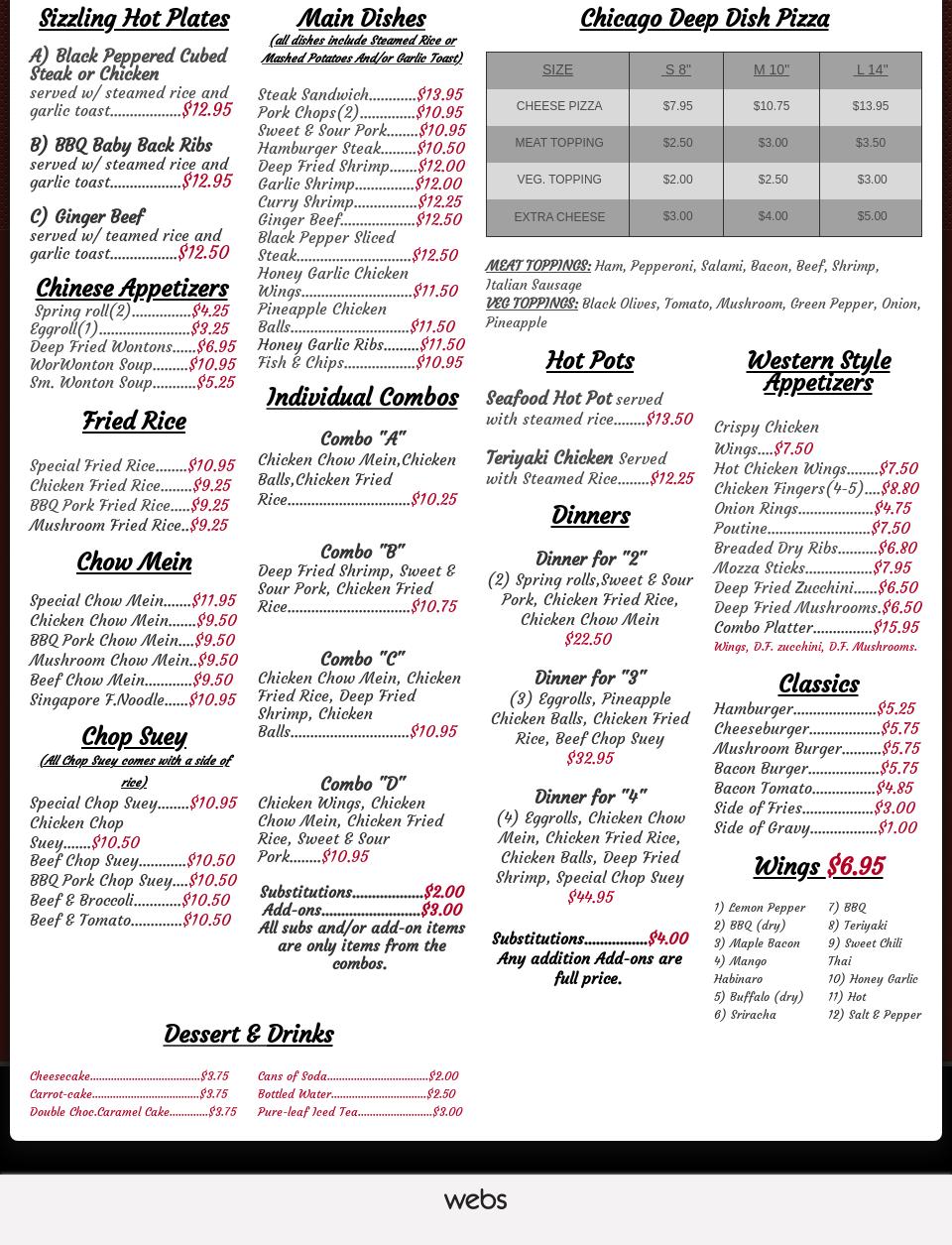 Cozy Corner Pub Menu