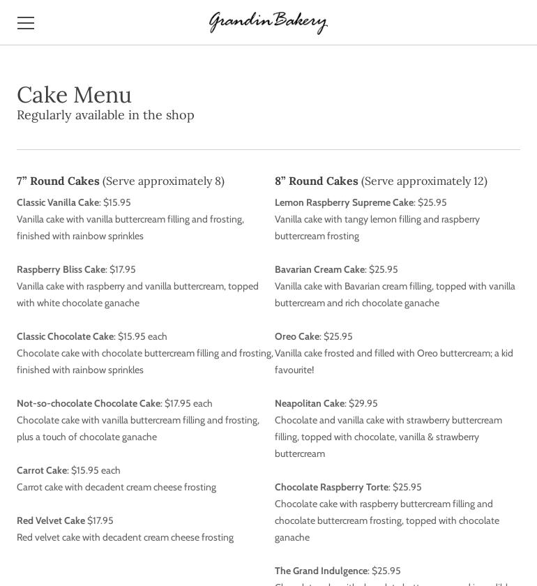 Grandin Bakery Menu