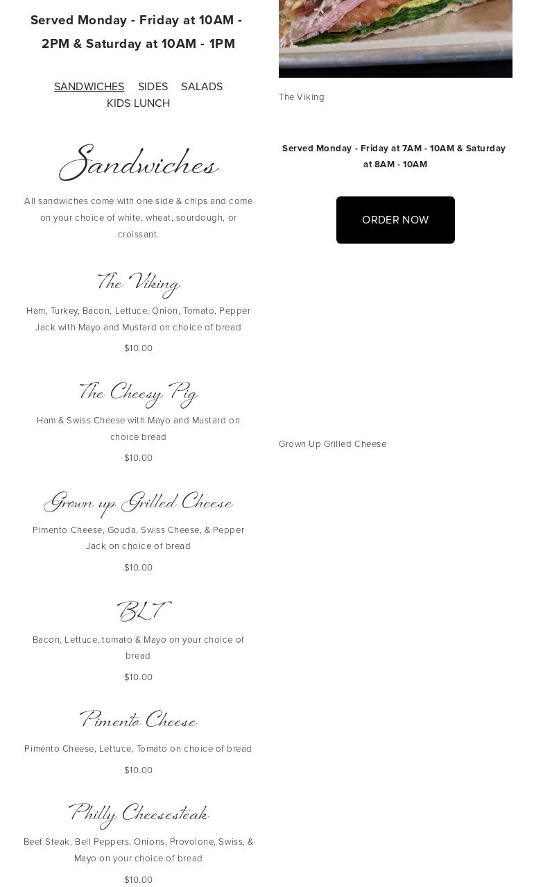 Bailey's Bakery Menu