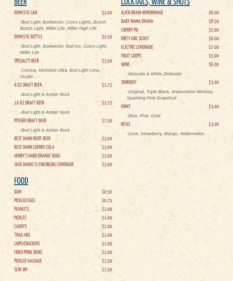 Long Branch Bar Menu