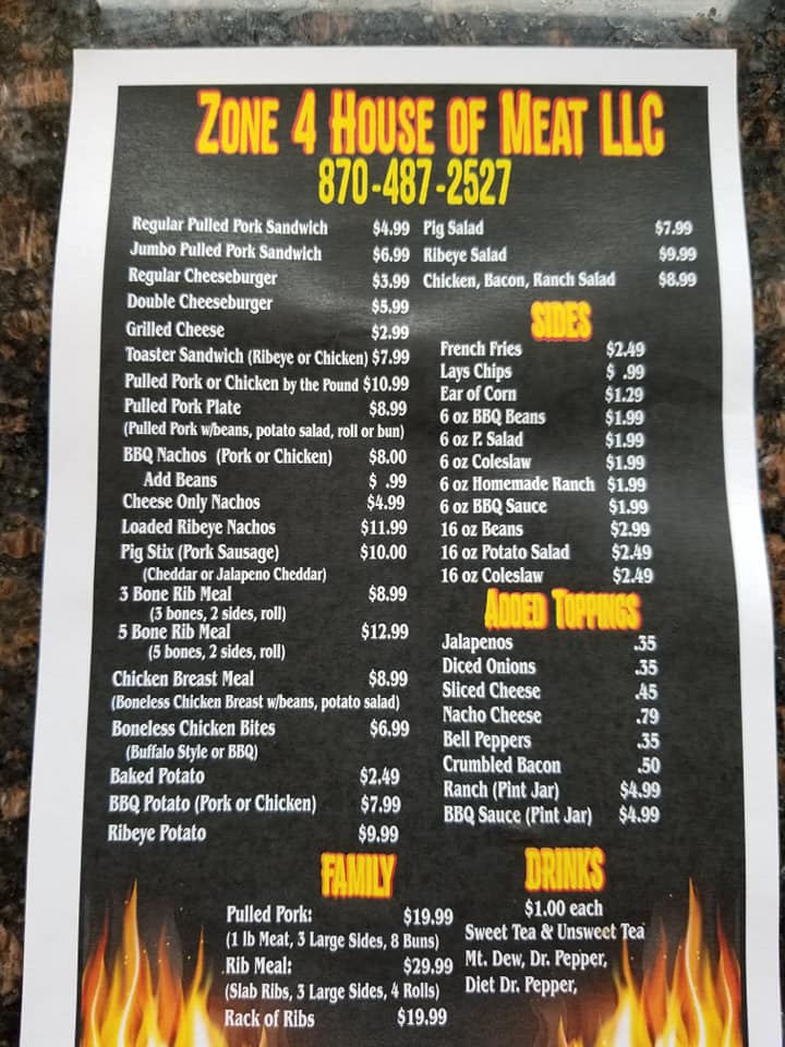 Zone 4 House Of Meat Menu