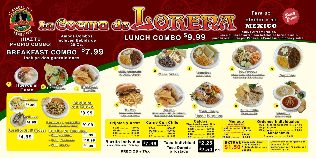 Alejandro's Tortilla Factory Menu
