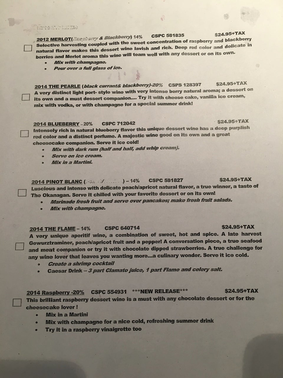 Silver Sage Winery Menu