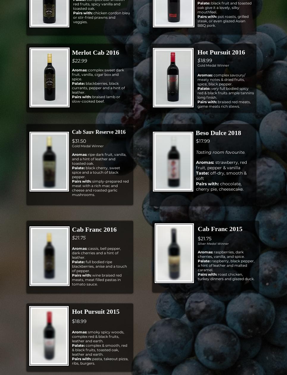 Country Vines Winery Menu