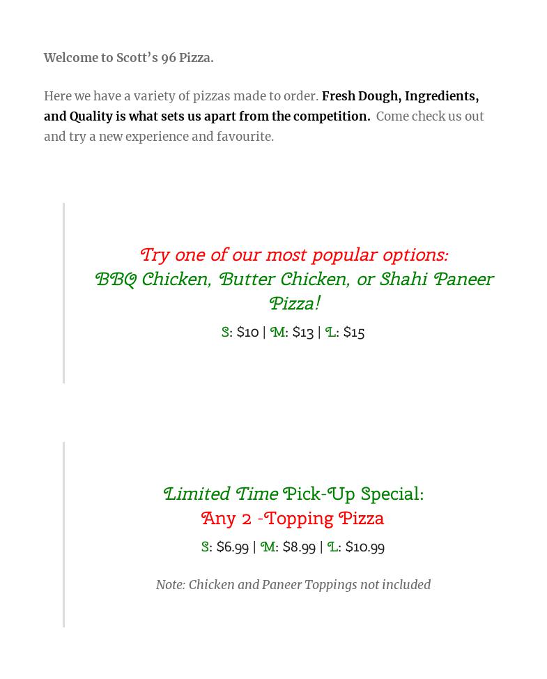 Scott 96 Pizza Menu