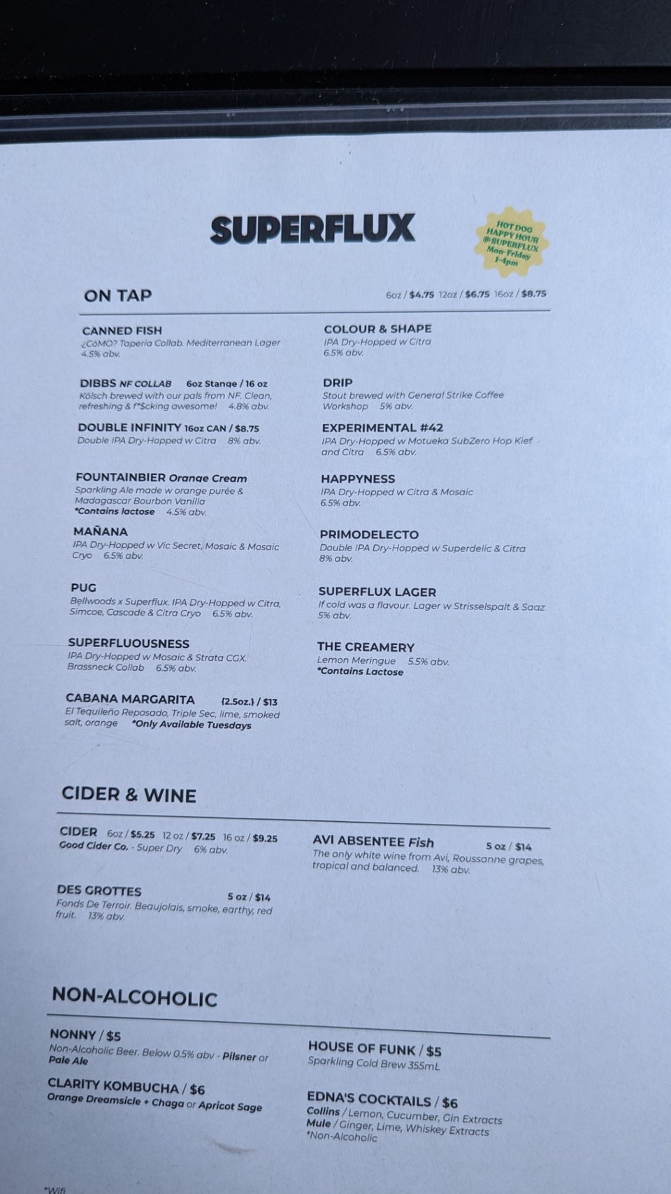Superflux Beer Company Menu
