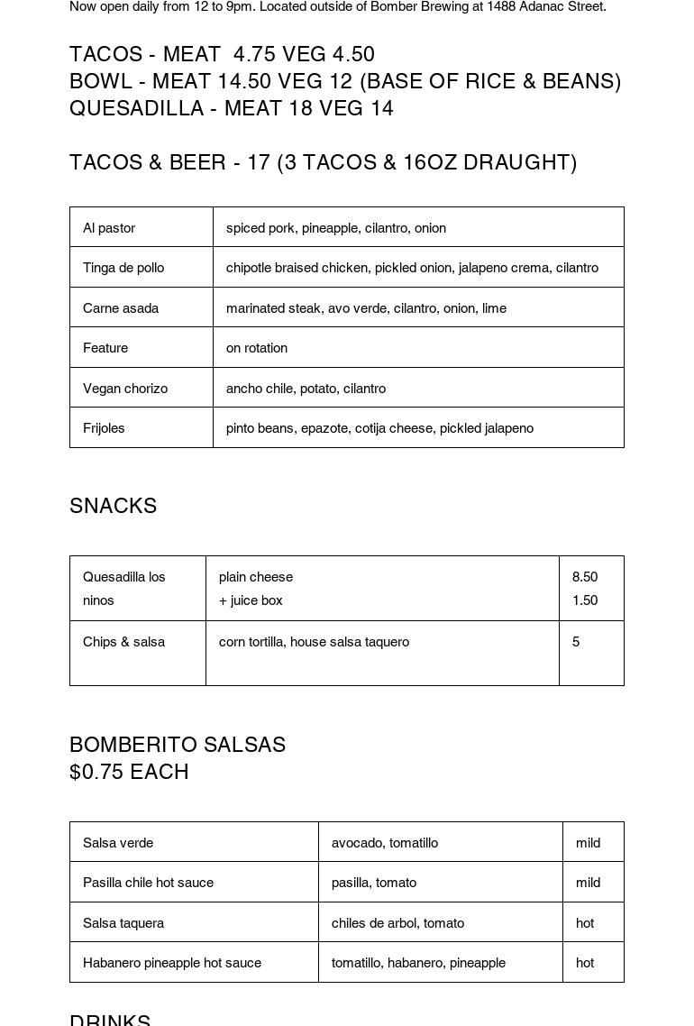Bomber Brewing Menu