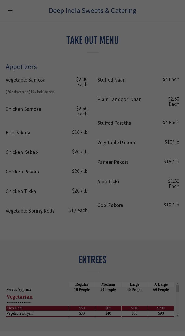 Deep India Sweets & Catering Menu