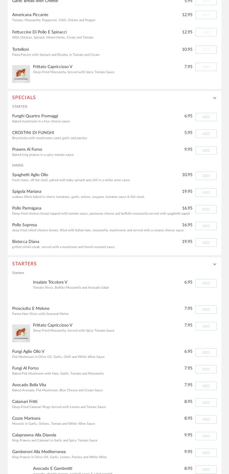 Bella Vita Menu