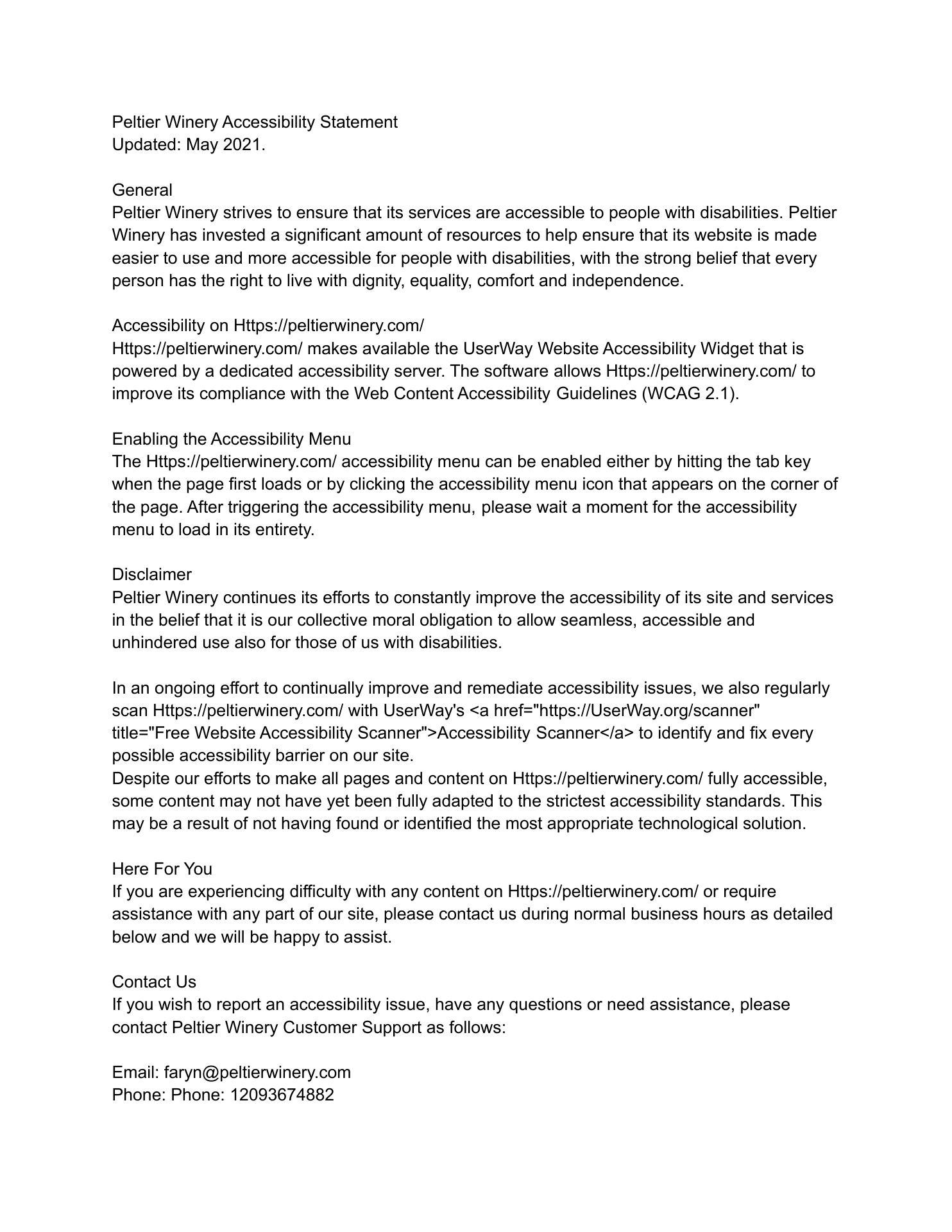 Peltier Winery & Vineyards Menu