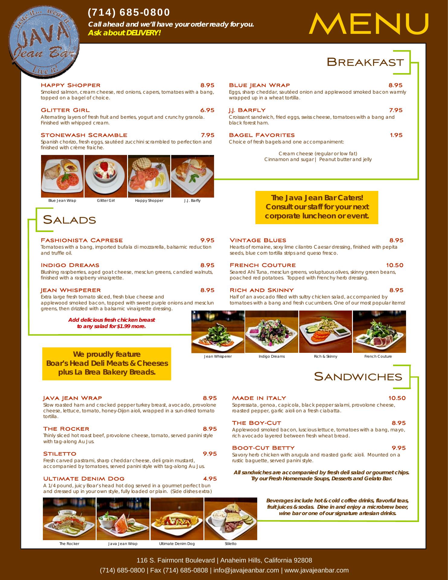 Java Jean Bar Menu