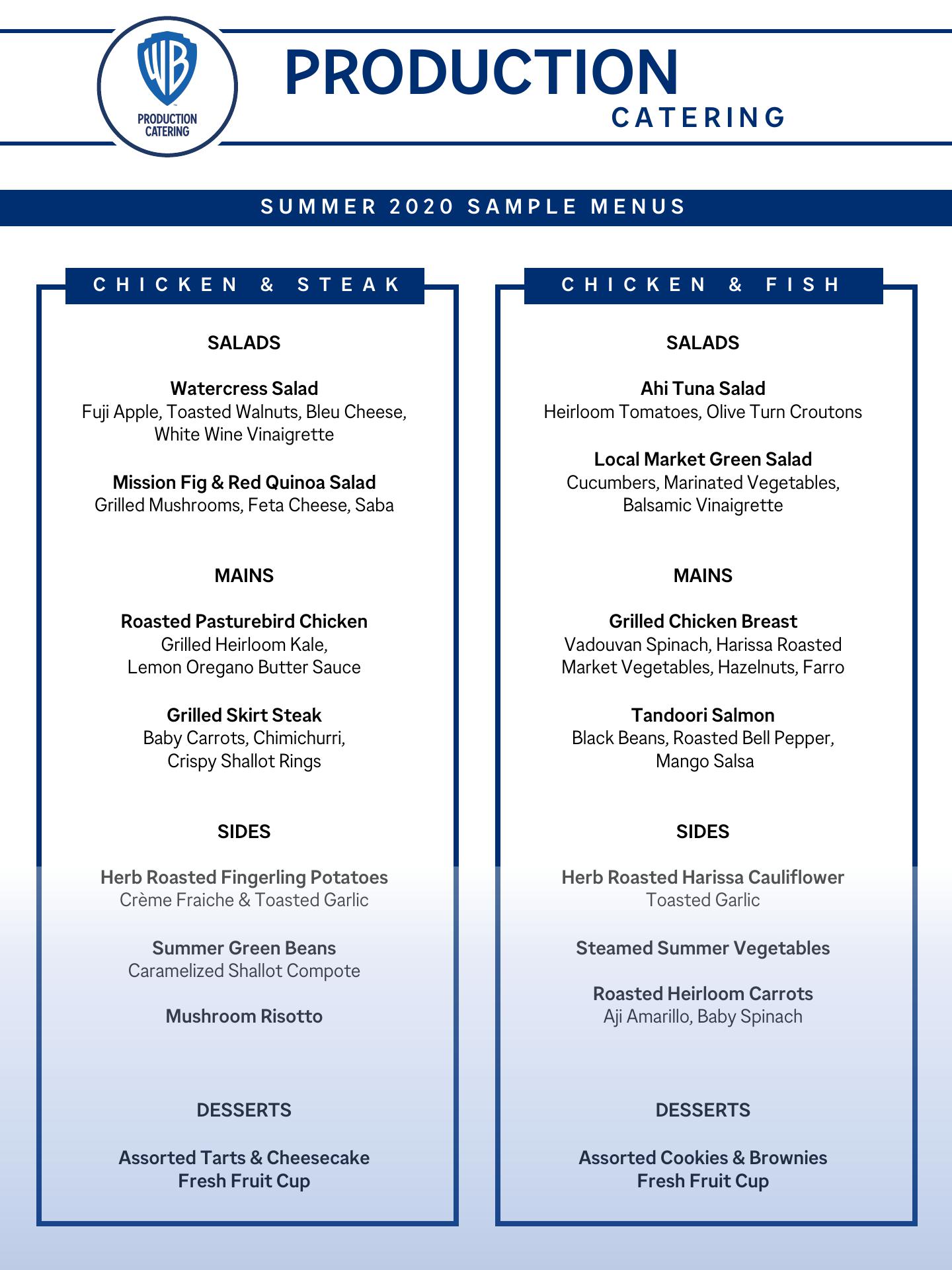 Master Chefs Production Catering Menu