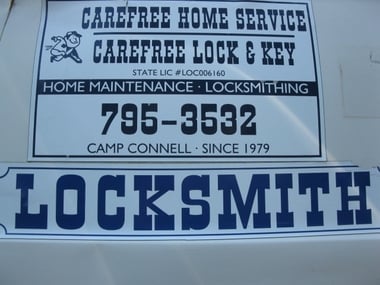 Carefree lock and key 513 Pomo Circle, Box 4337, Camp Connell California 95223