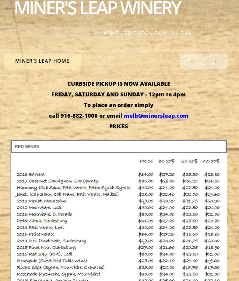 Miner's Leap Winery Menu