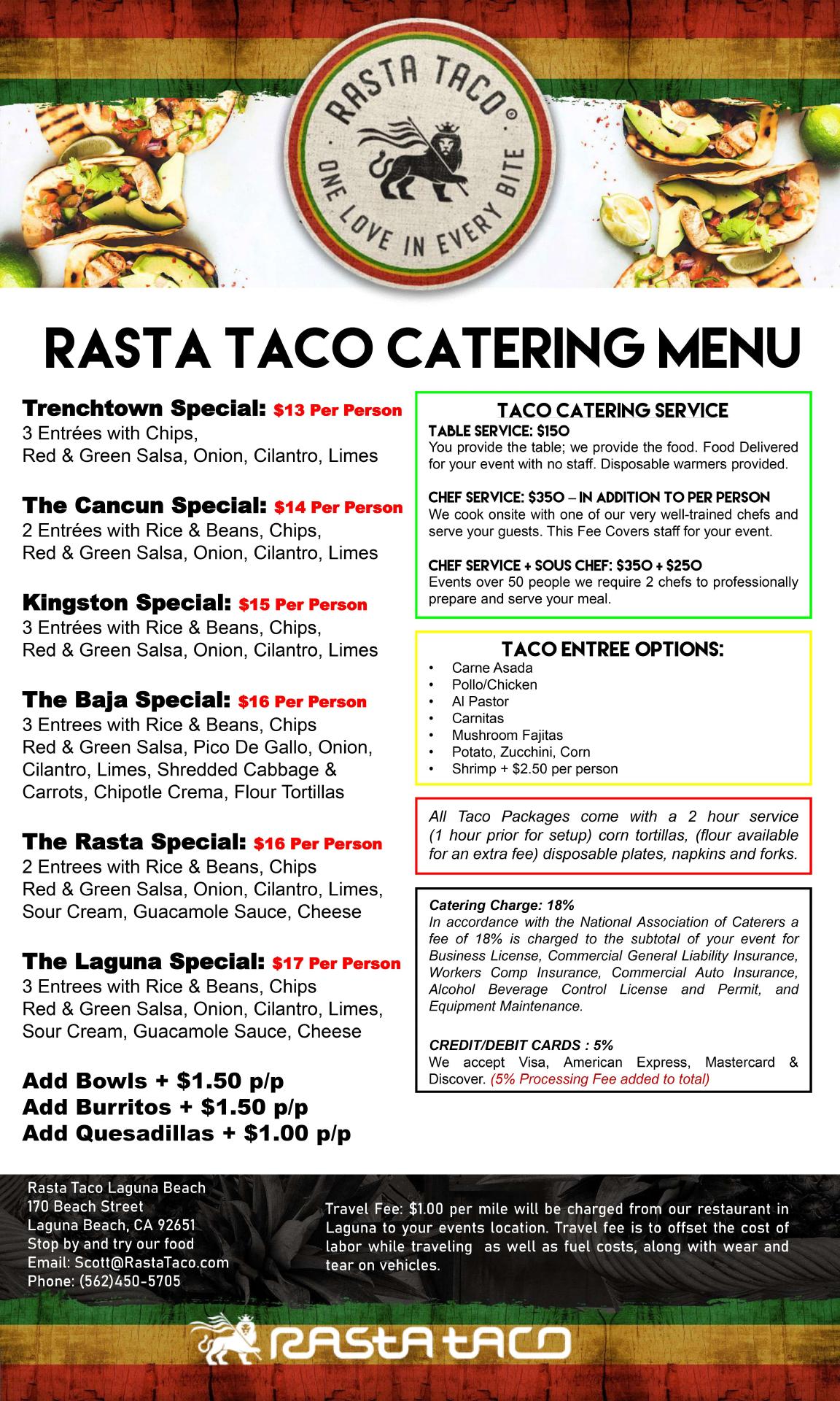 Rasta Taco Catering Menu