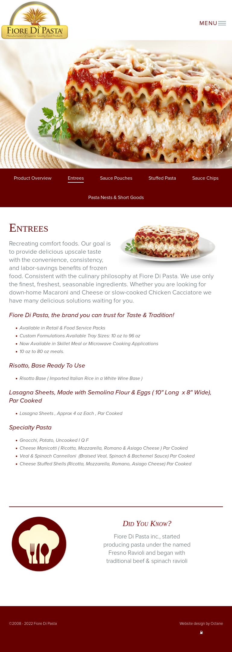 Fiore Di Pasta, Inc. Menu