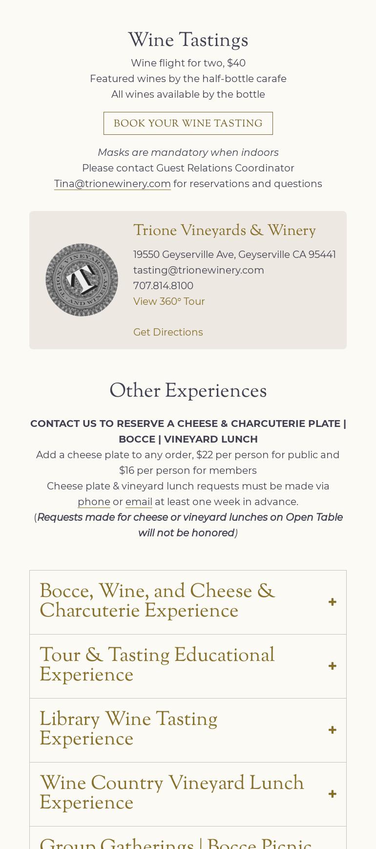 Trione Vineyards and Winery Menu