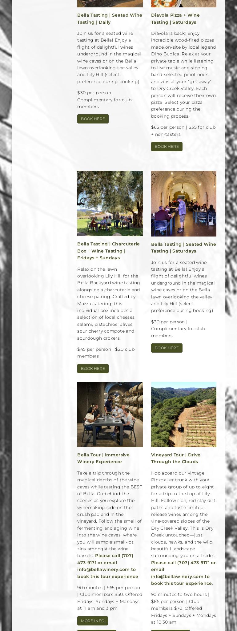 Bella Vineyards & Wine Caves Menu