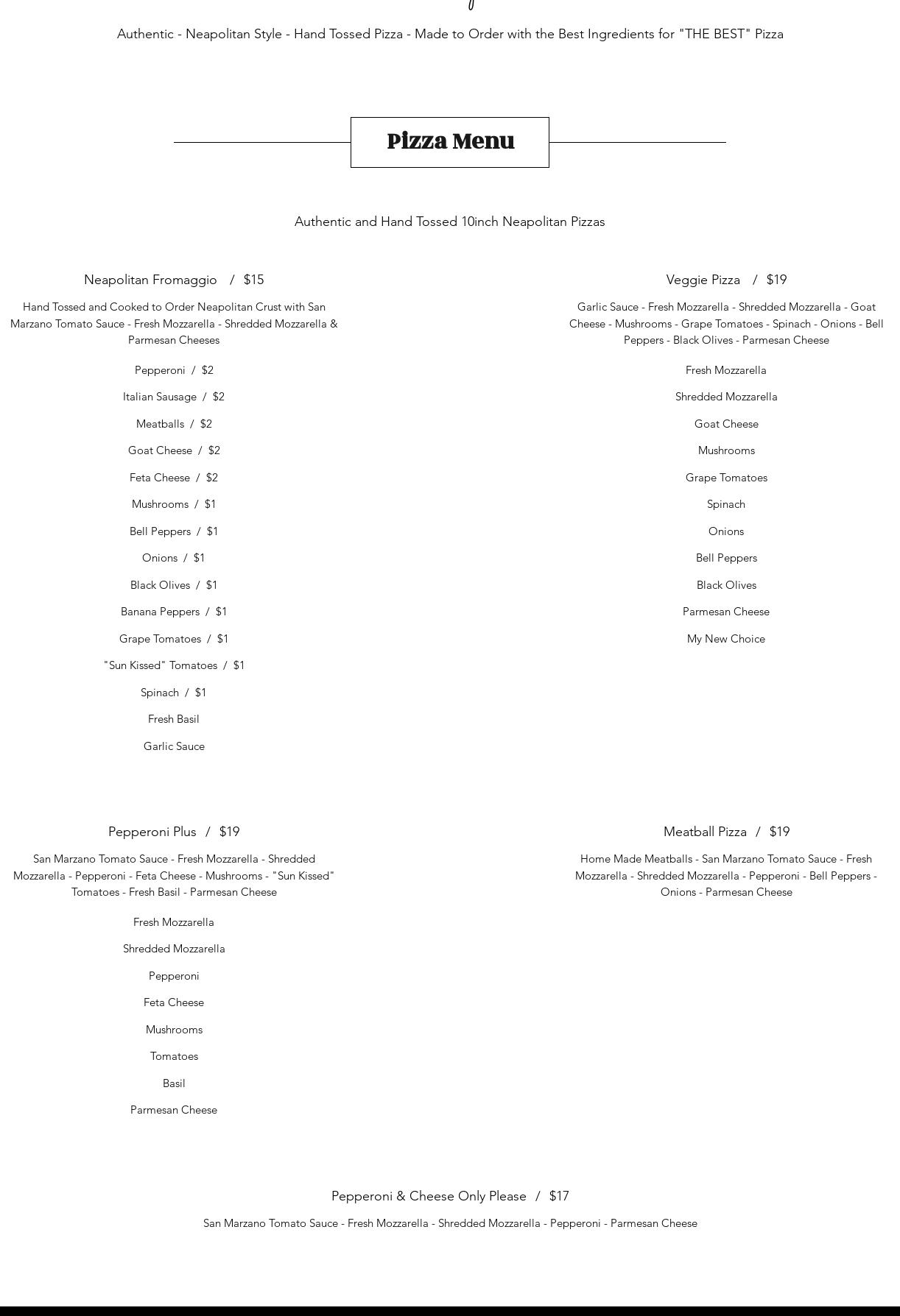 “Original” Anthony’s Pizza Joint Menu