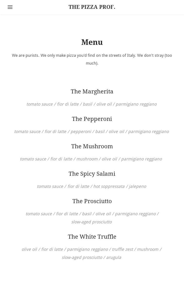 The Pizza Prof. Menu