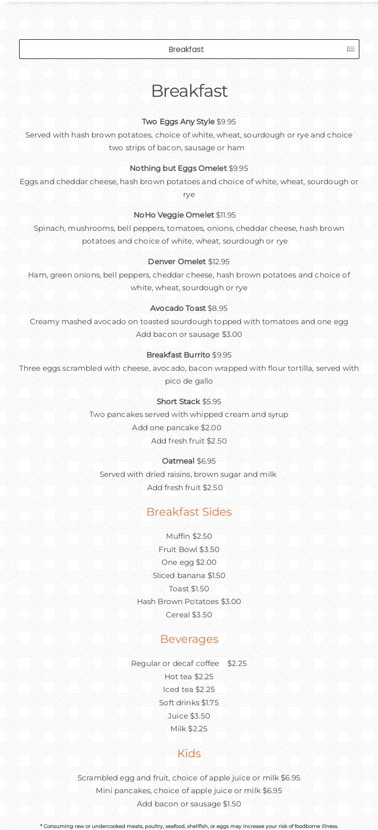 Noho Bar & Grill Menu