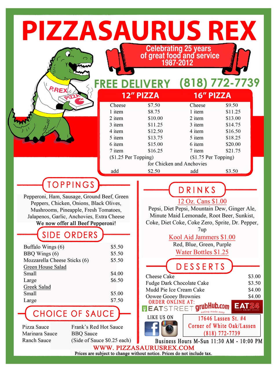 Pizzasaurus Rex Menu