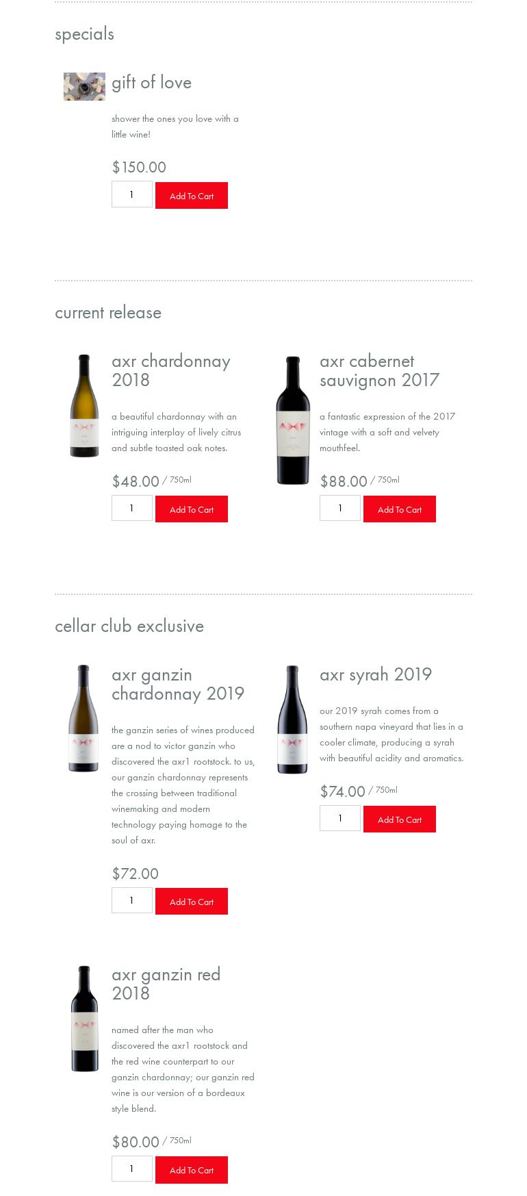 axr napa valley Menu