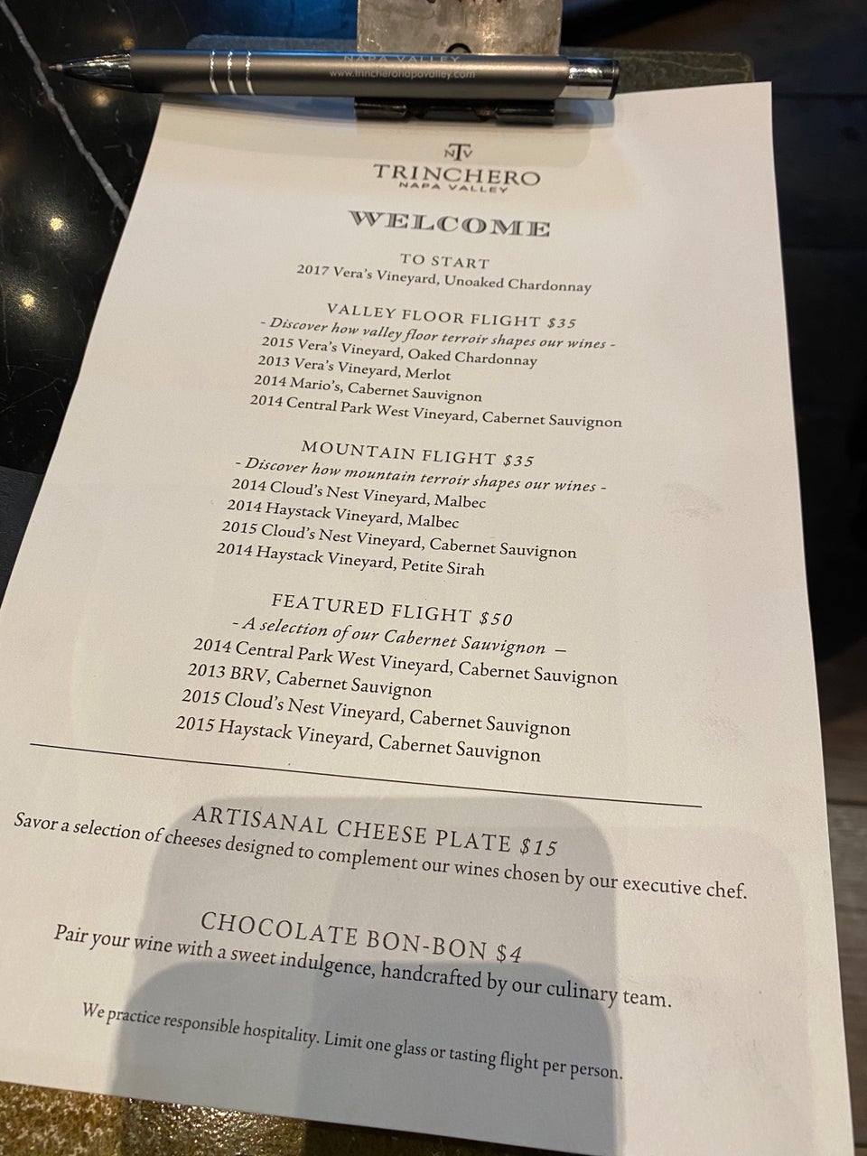 Trinchero Napa Valley Winery Menu