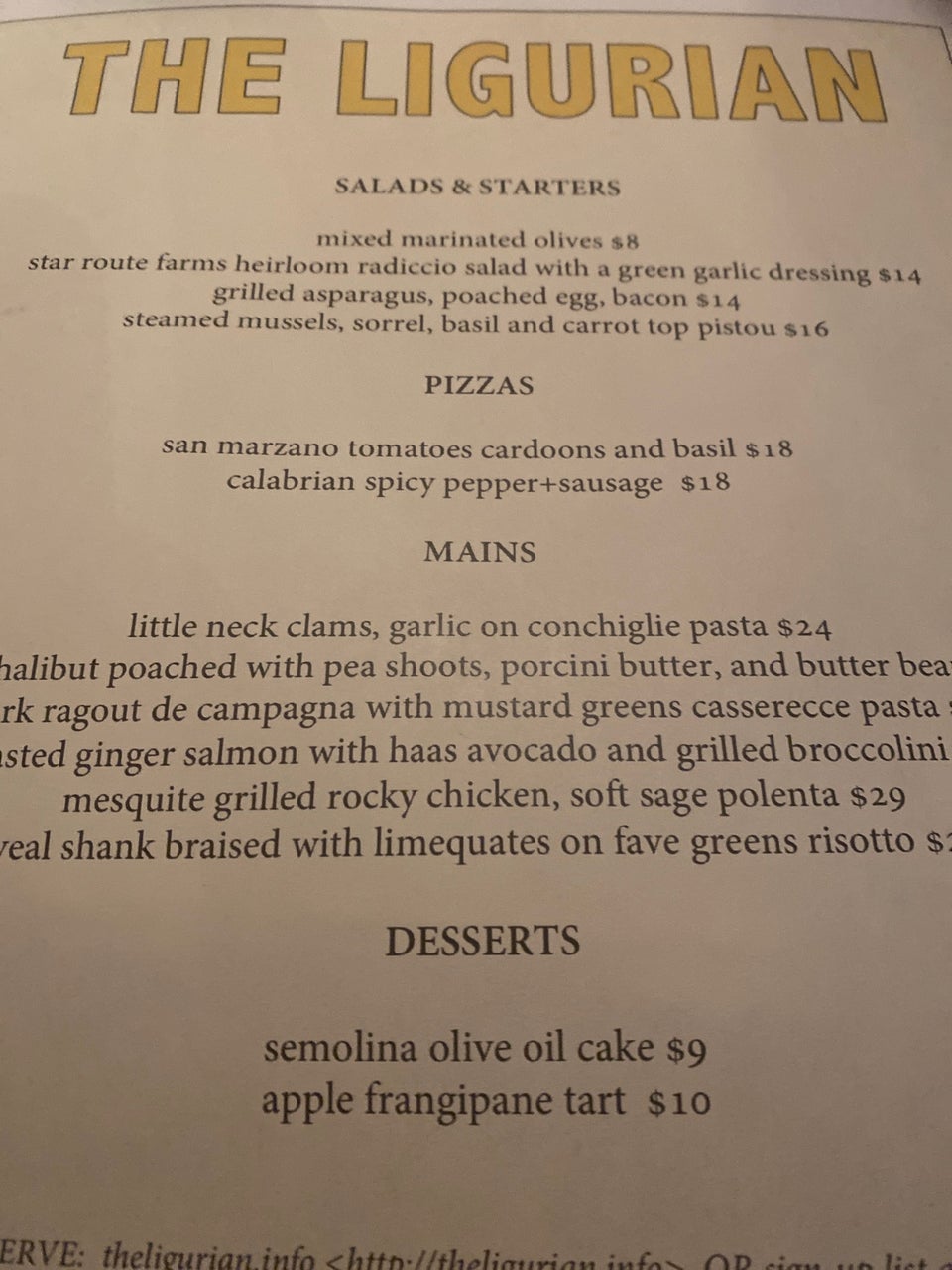 The Ligurian Pop Up Menu