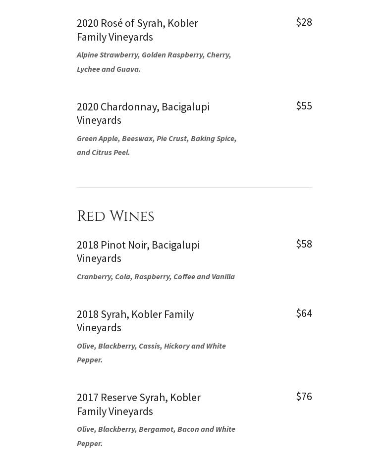 Kobler Estate Winery Menu