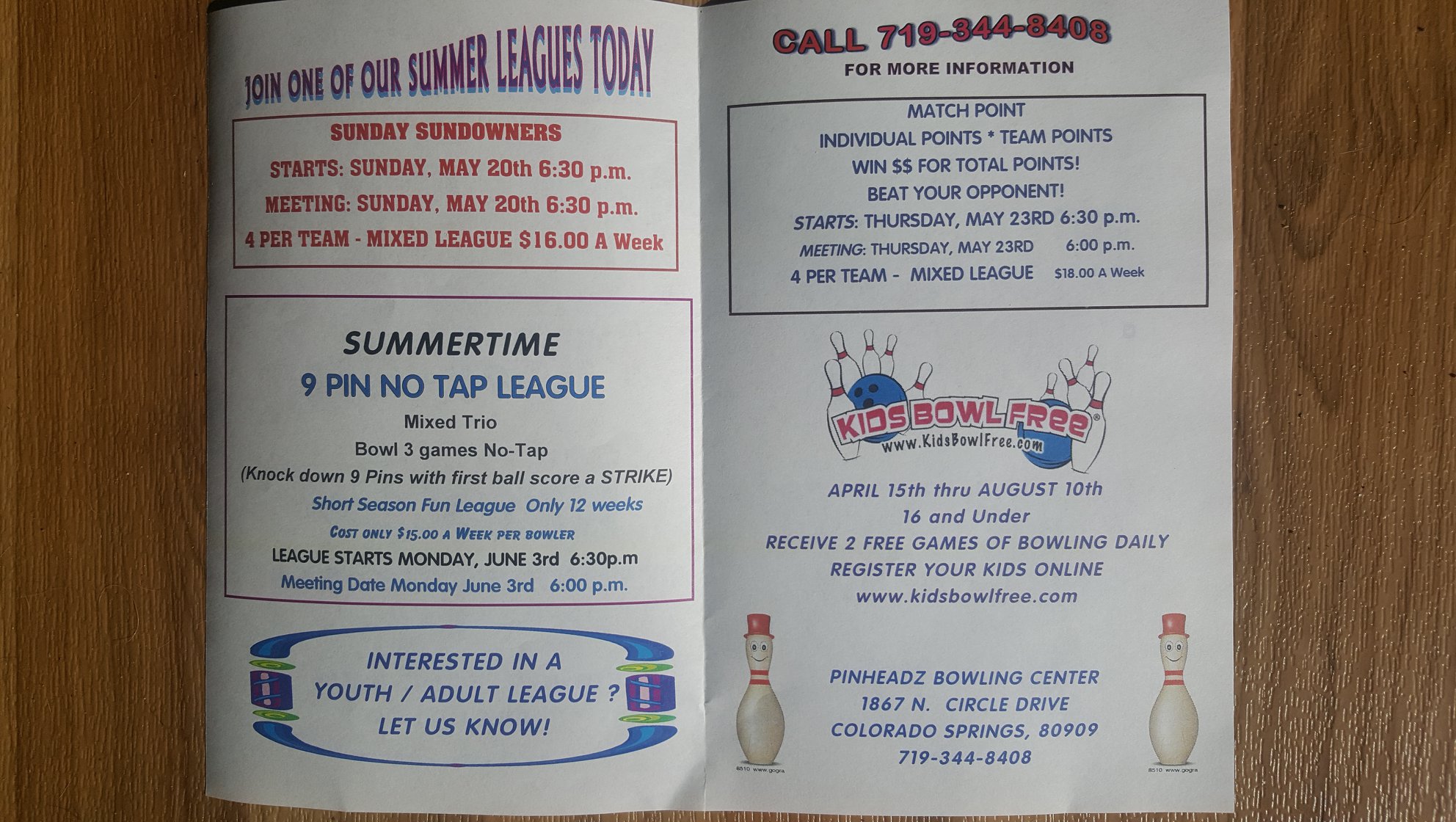 PinHeadz Bowling Center Menu