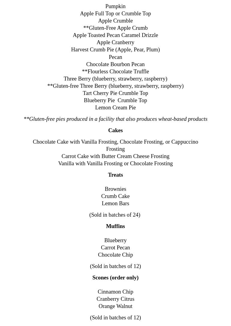 Whistle Stop Bakery Menu