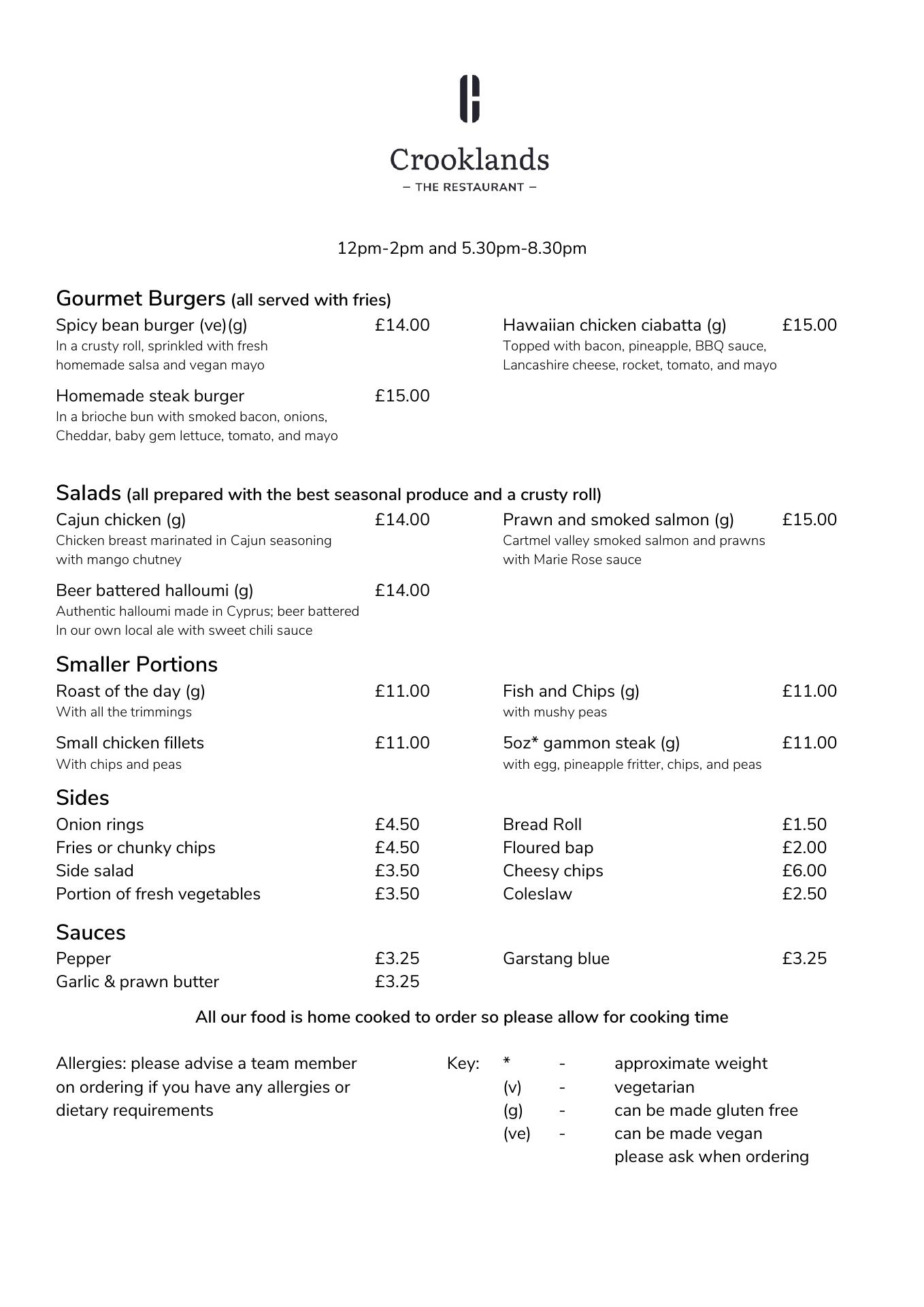 Crooklands - The Restaurant Menu