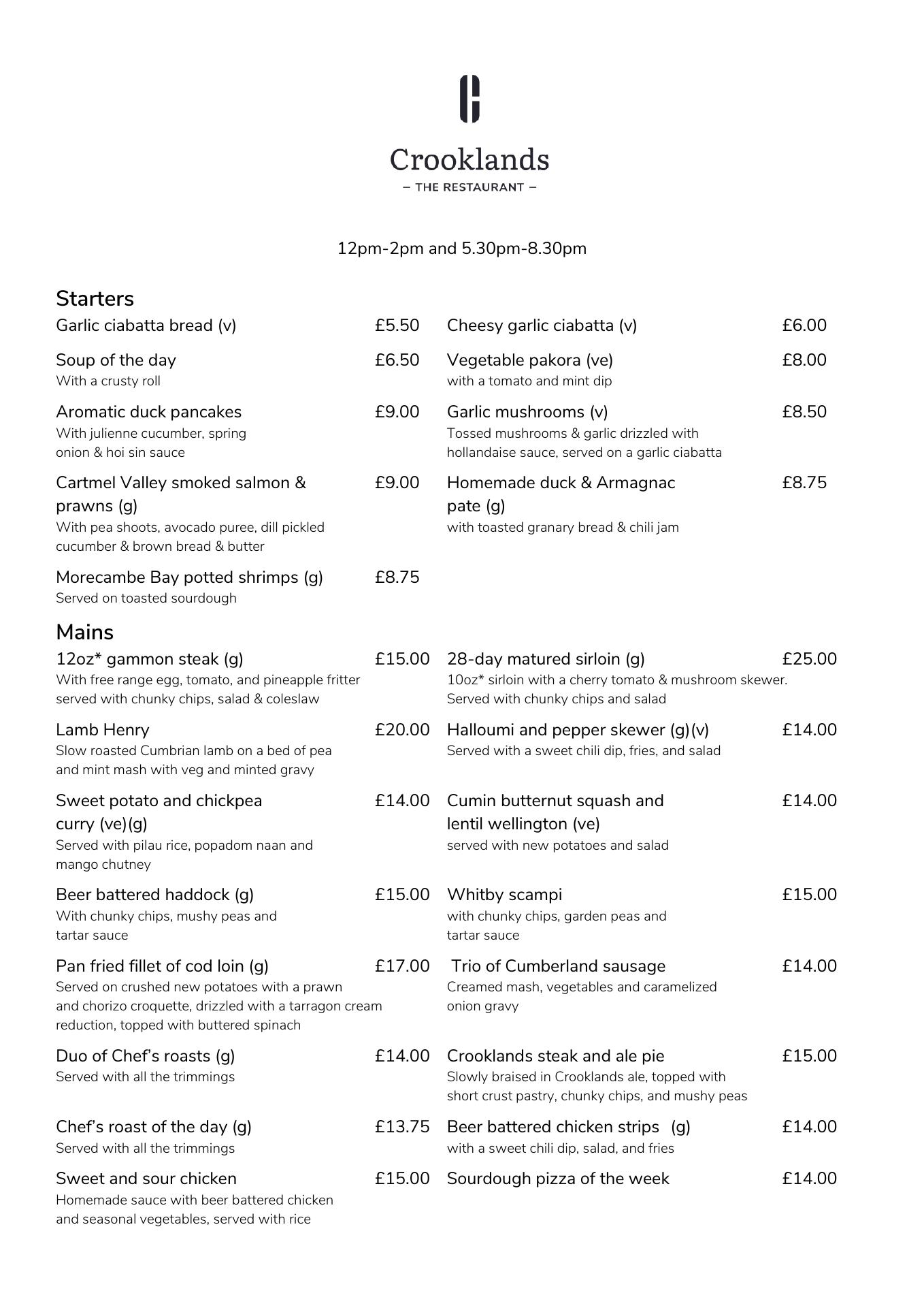 Crooklands - The Restaurant Menu