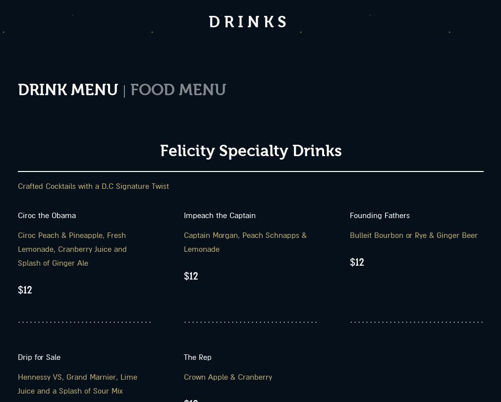 Felicity Bar & Lounge Menu