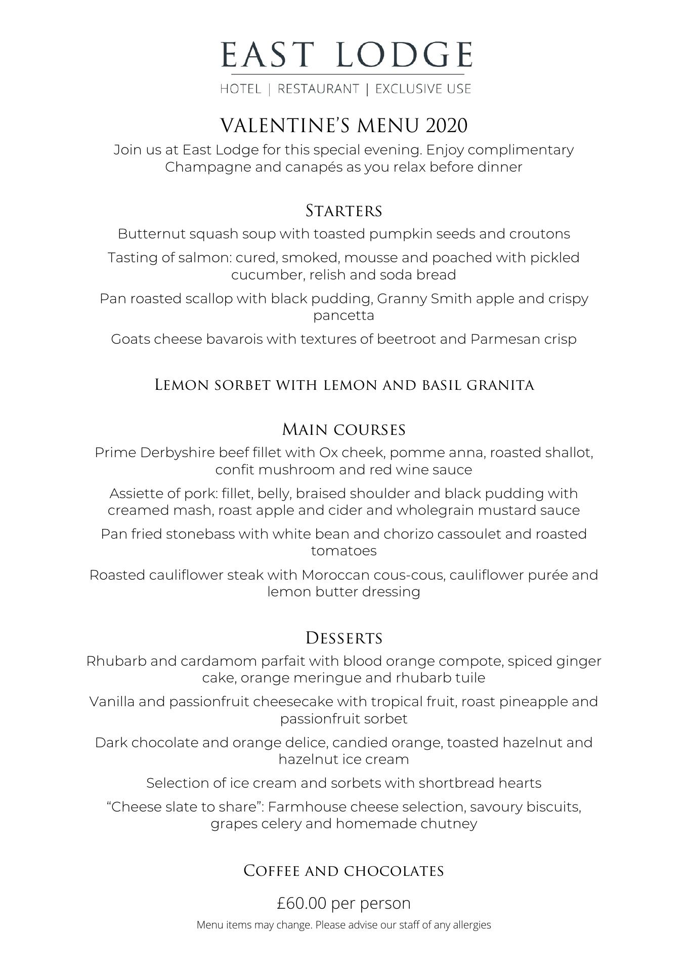 East Lodge Country House Menu
