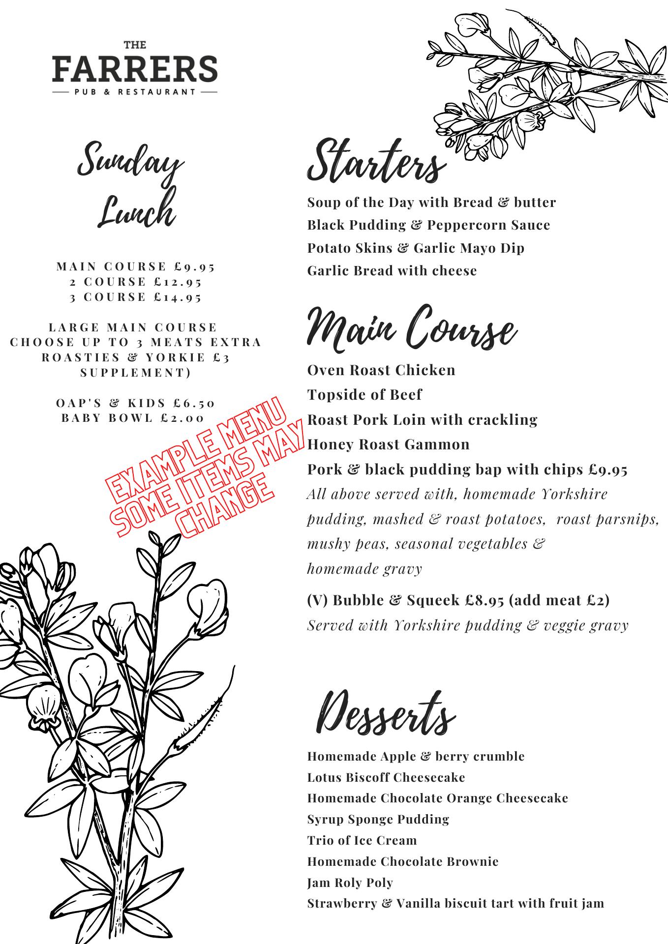 The Farrers Country Pub and Restaurant Menu