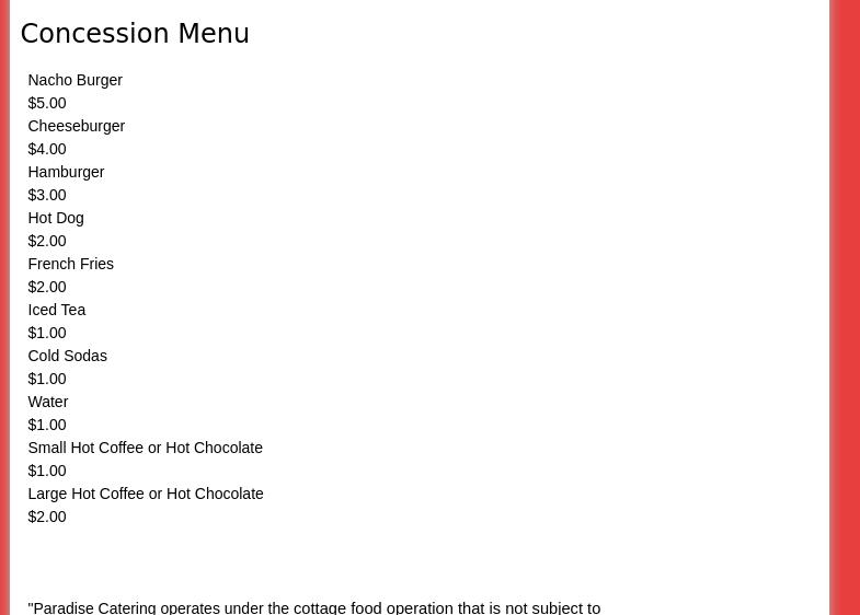 Paradise Catering & Consessions Menu