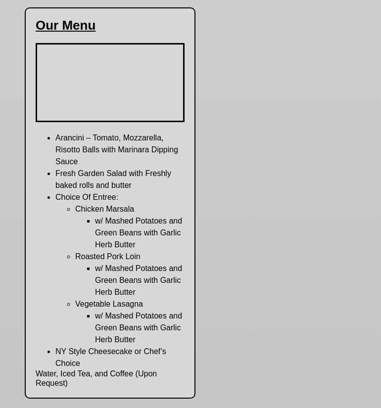 The Dinner Detective Murder Mystery Dinner Show - West Palm Beach, Florida Menu