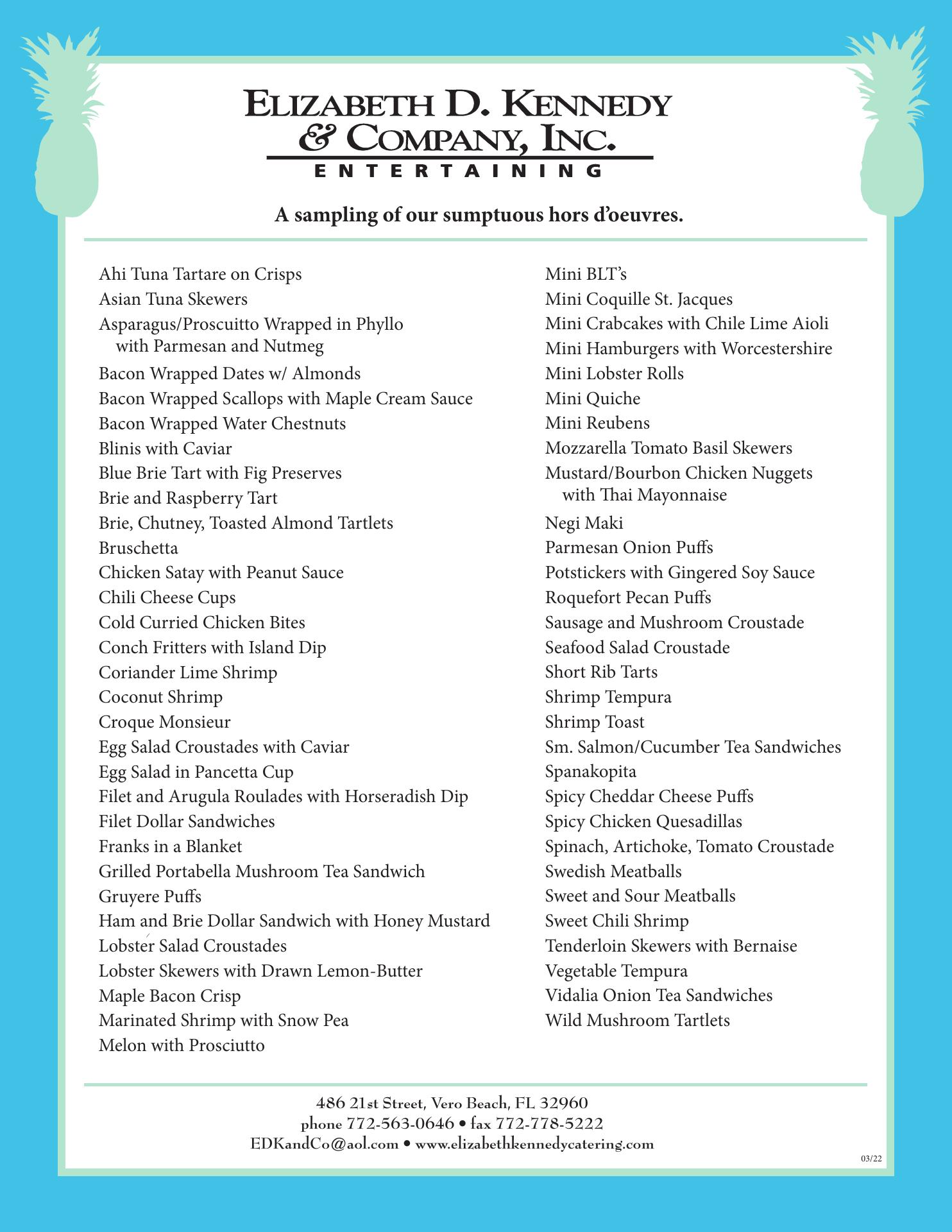 Elizabeth D Kennedy & Co Catering Menu