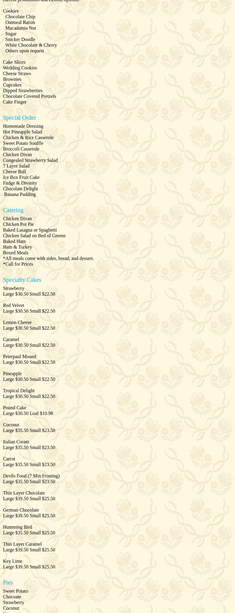 Sister's Florist & Bakery Menu