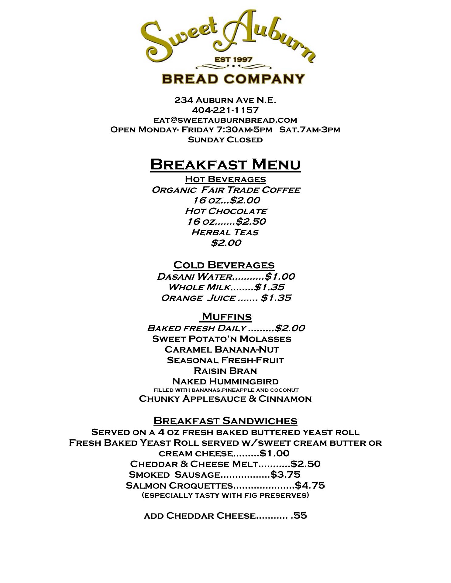 Sweet Auburn Bread Company Menu