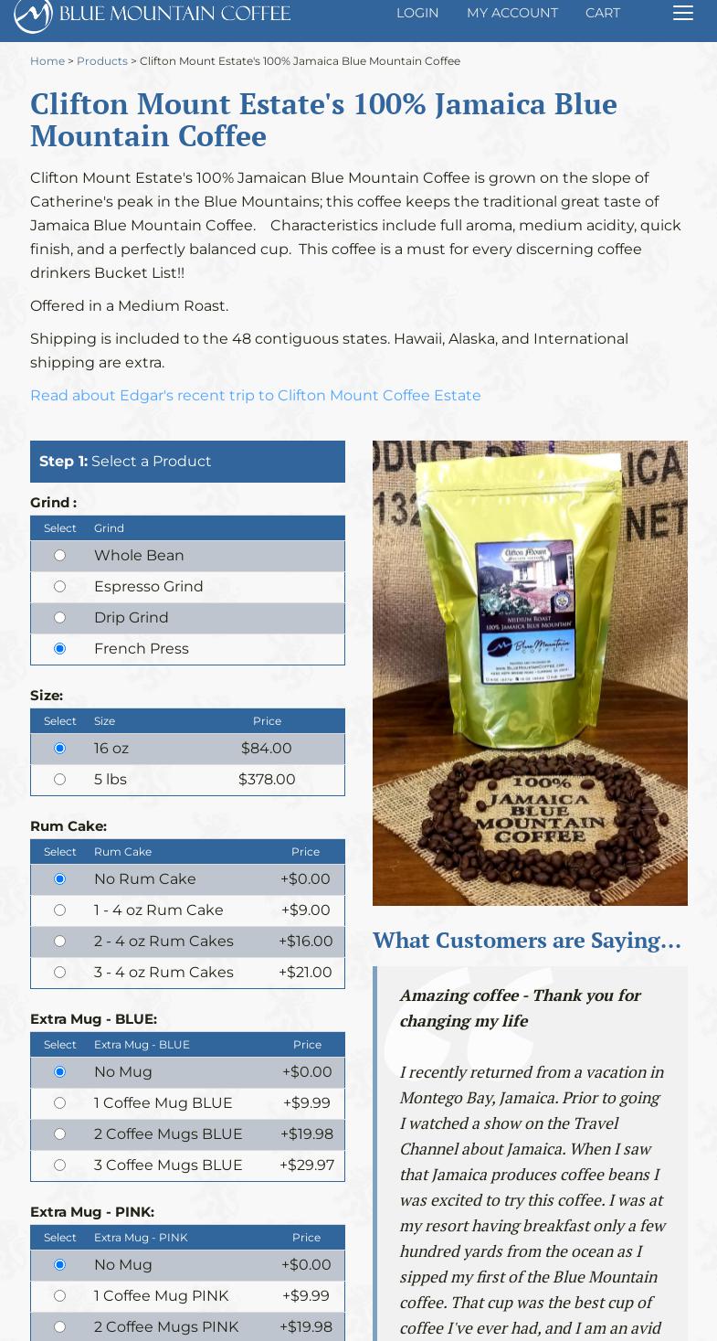 Blue Mountain Coffee Inc Menu