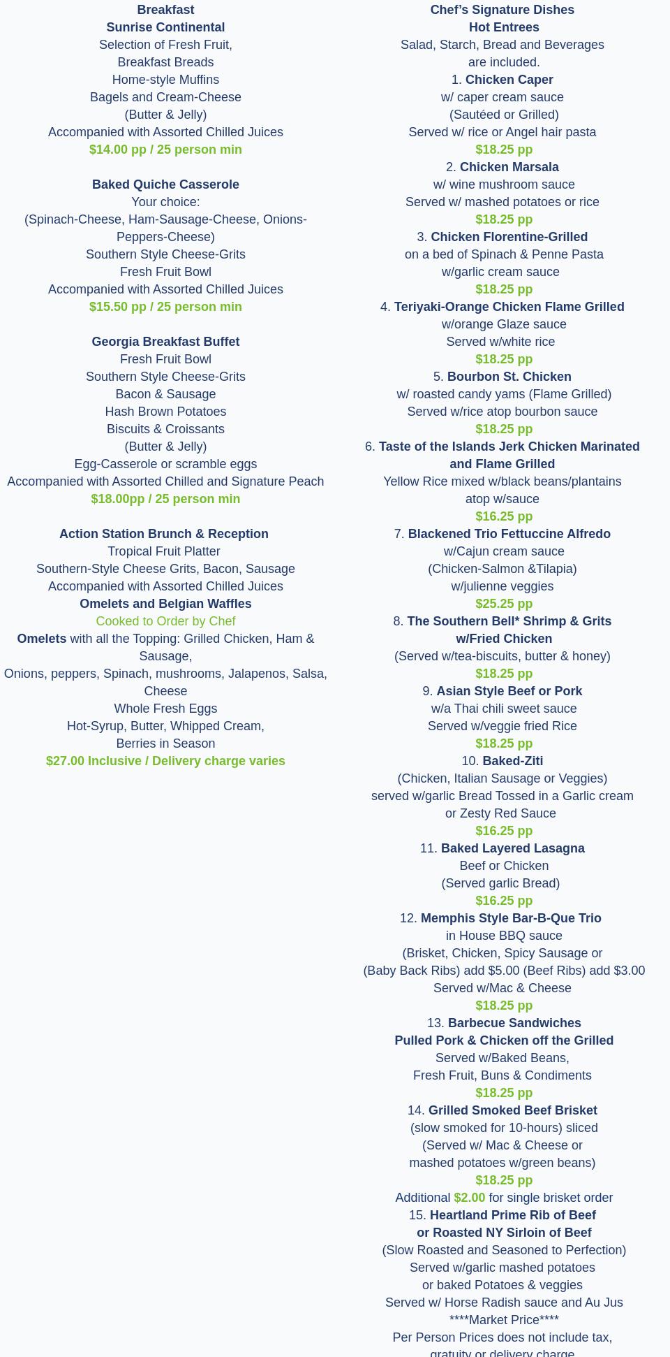 Charlie’s Events Menu