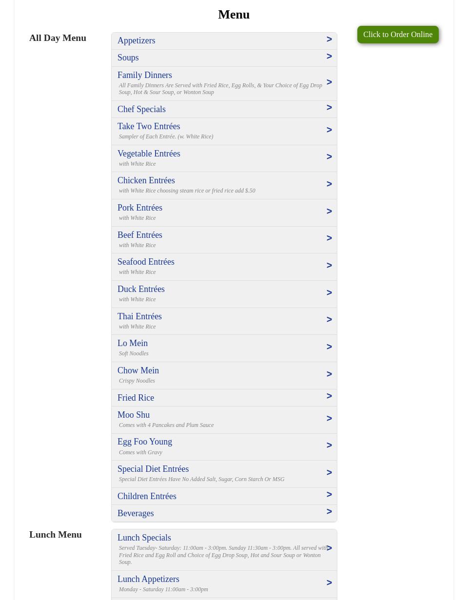 Buddha's Delight Menu