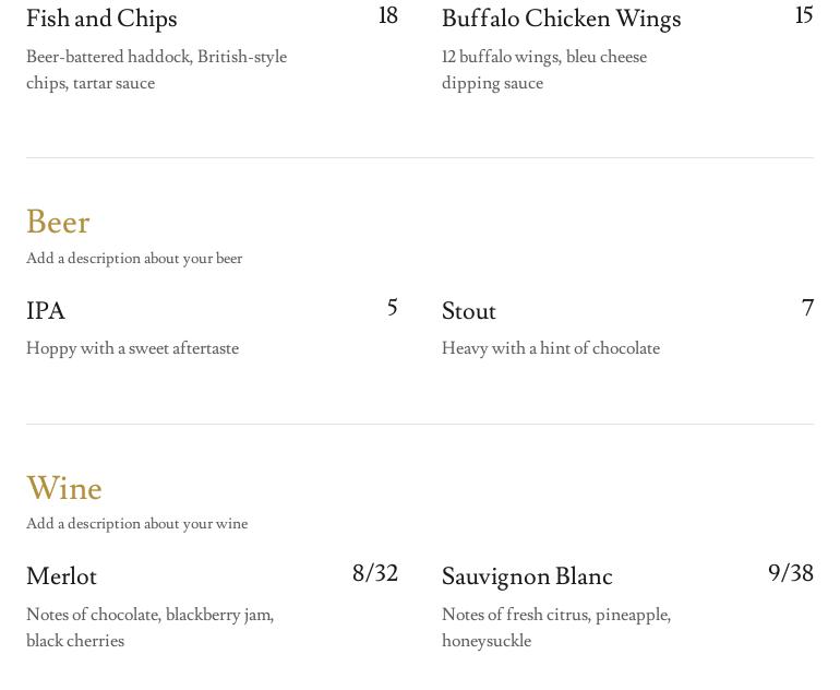 SM Lounge Menu