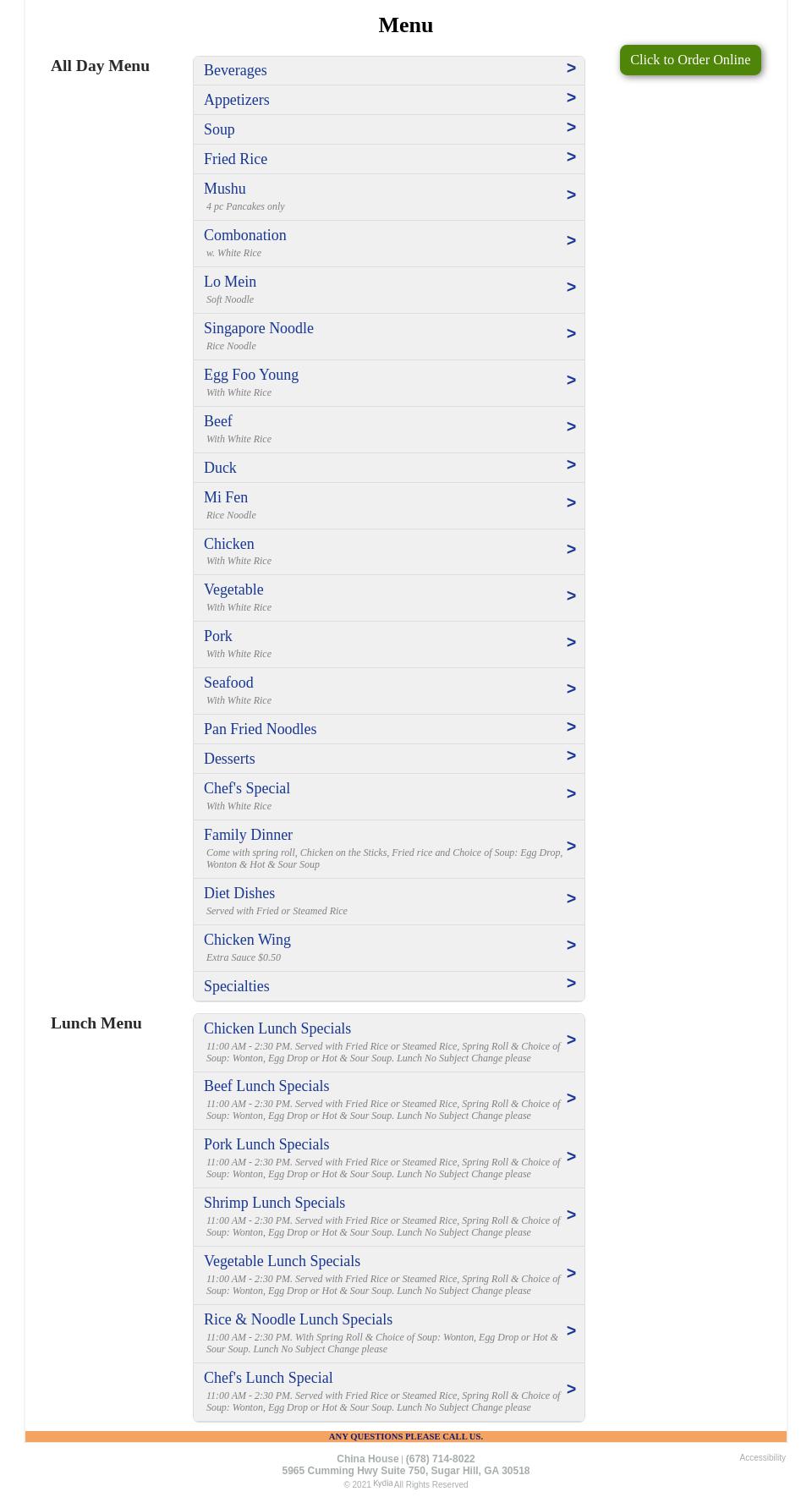 China House Menu