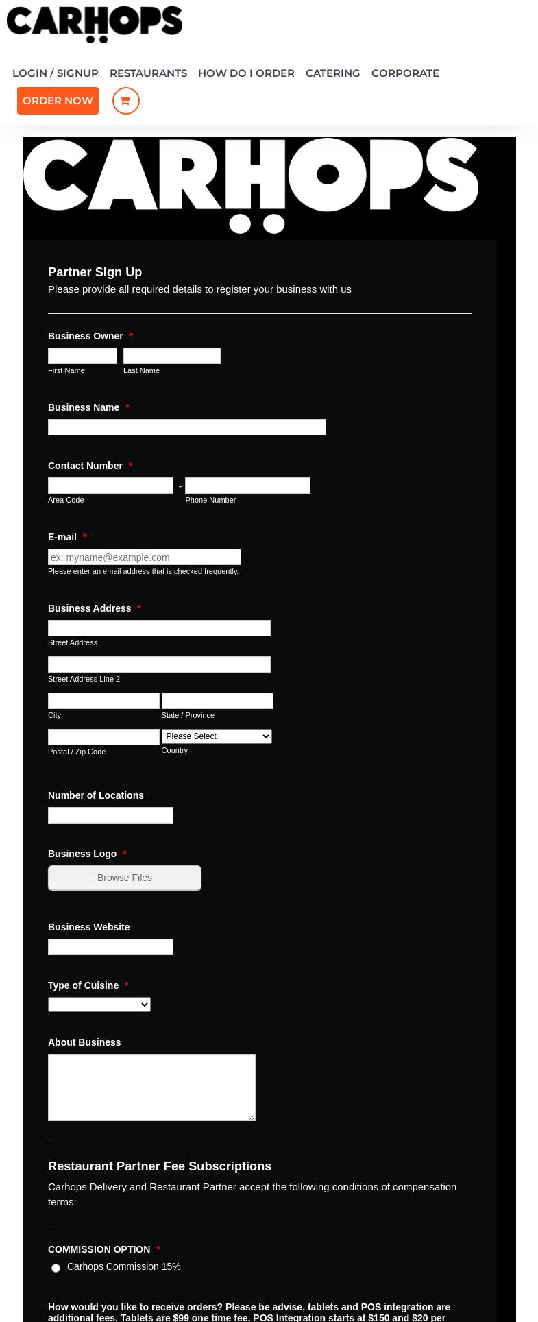 Carhops Delivery Menu