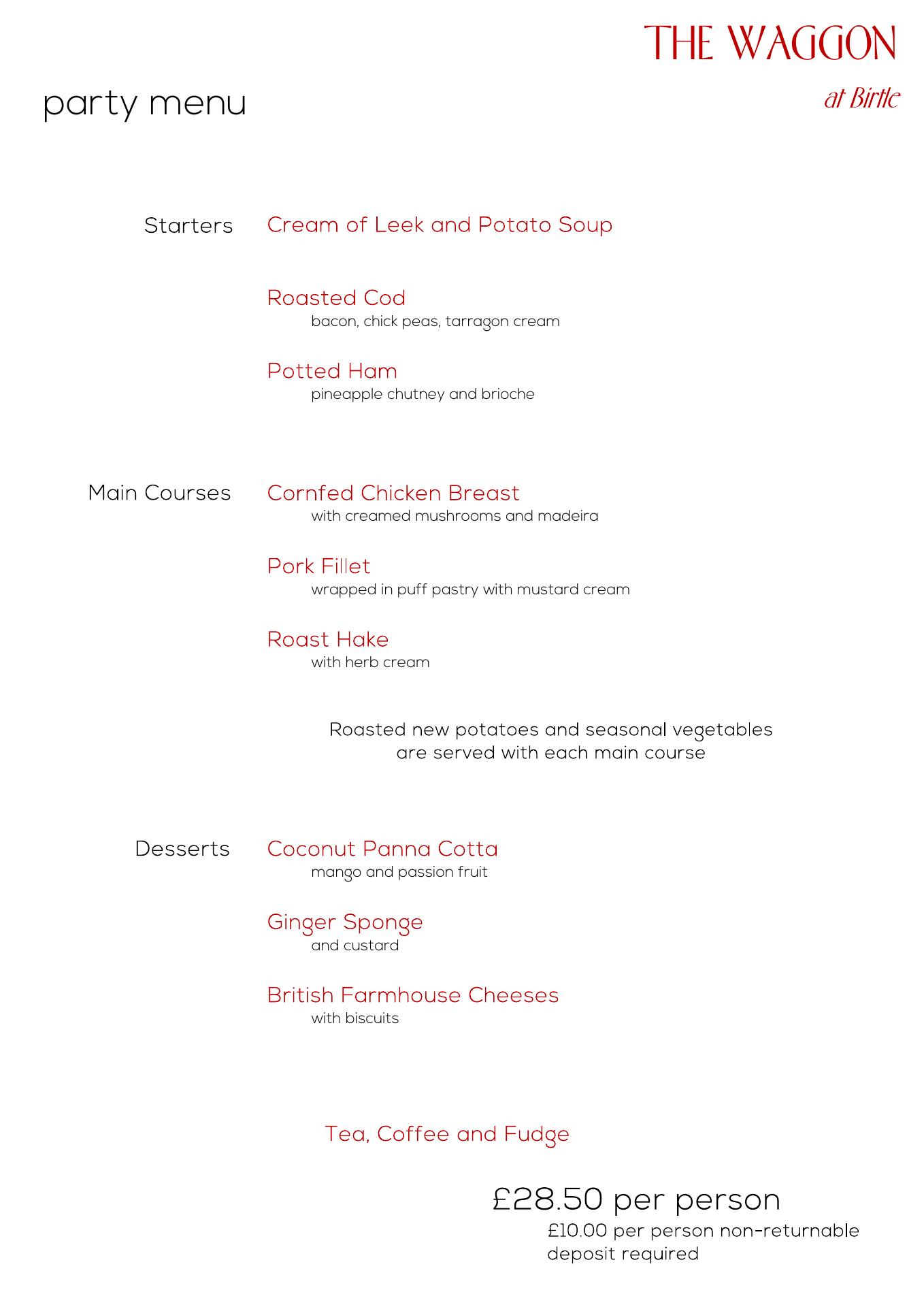 The Waggon At Birtle Menu