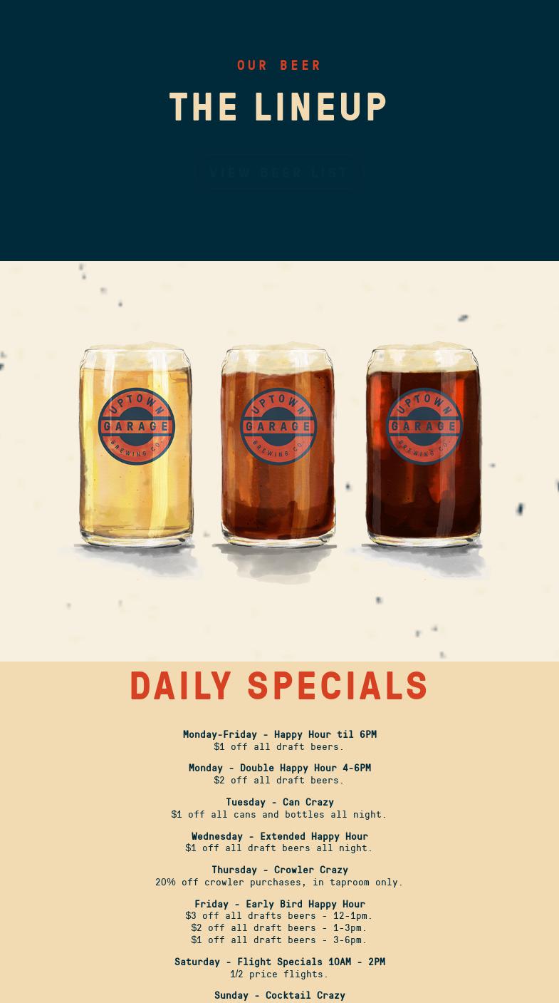 Uptown Garage Brewing Co. Menu